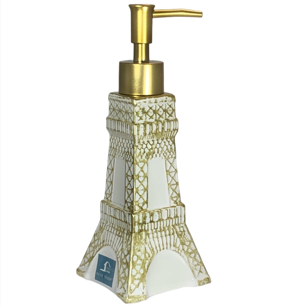 Eiffel Tower Soap Lotion Dispenser Pump Ceramic Satin Gold White - Picture 1 of 15